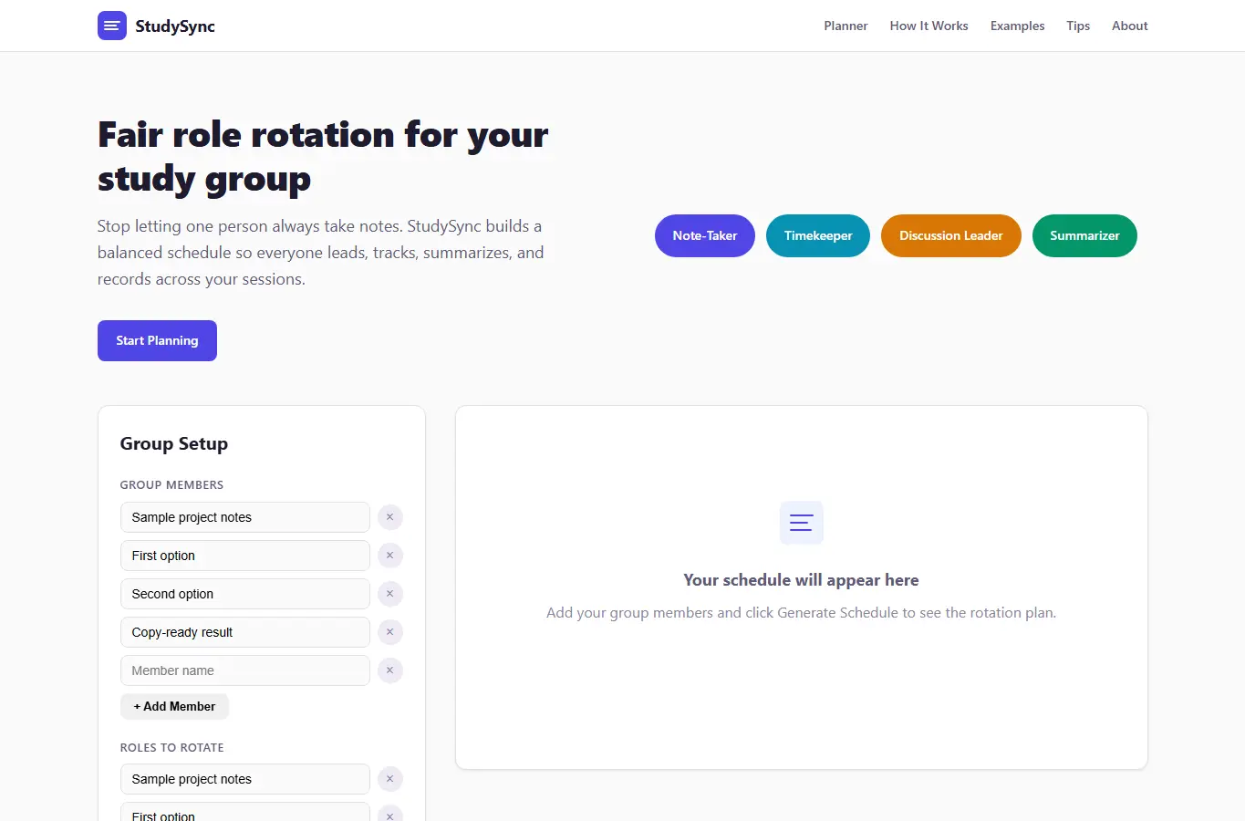 Screenshot of StudySync: Study Group Role Rotation Planner interface showing the project page in use